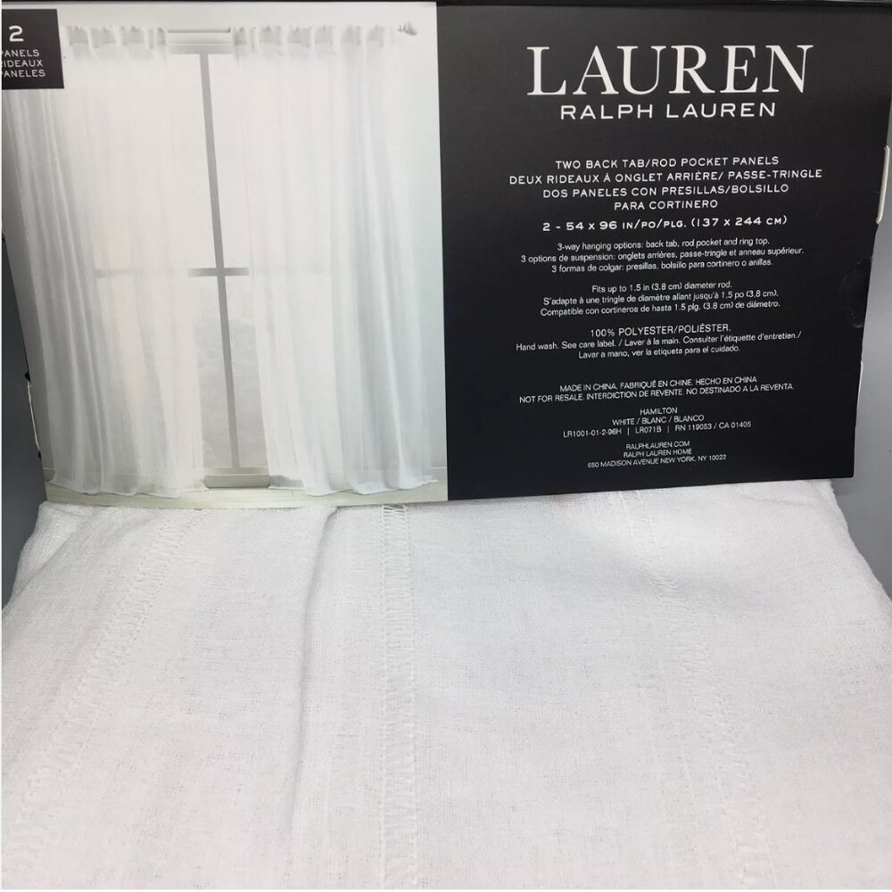 Ralph Lauren Hamilton 2 Window Curtain Panels 54 x 96 White Sheer Hemstitch NEW